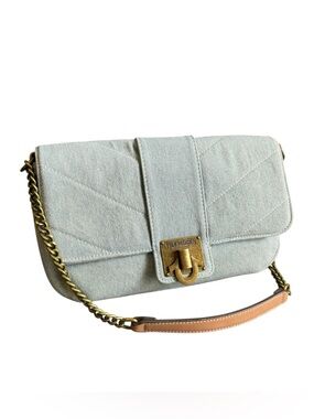 True Religion Loved Denim Shoulder Bag Y2K Style Flap Purse Brass Chain Strap